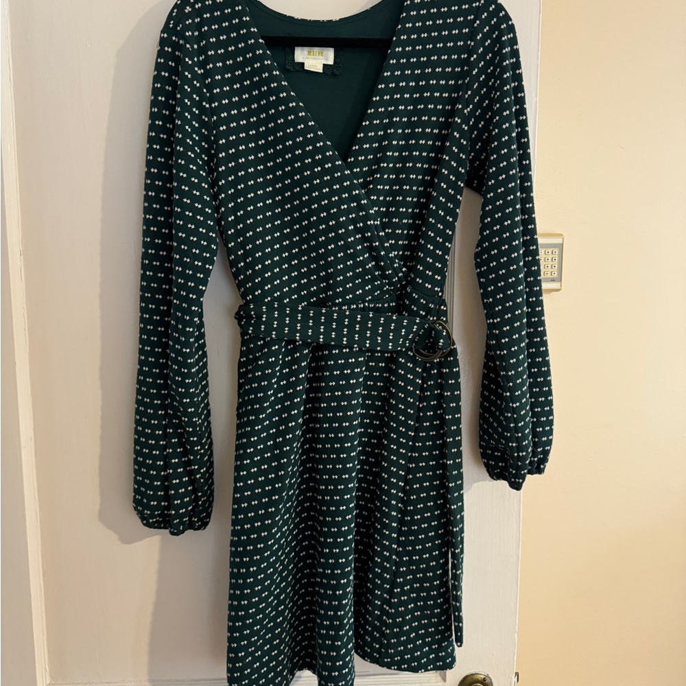 Maeve Anthropologie green sweater wrap dress with belt